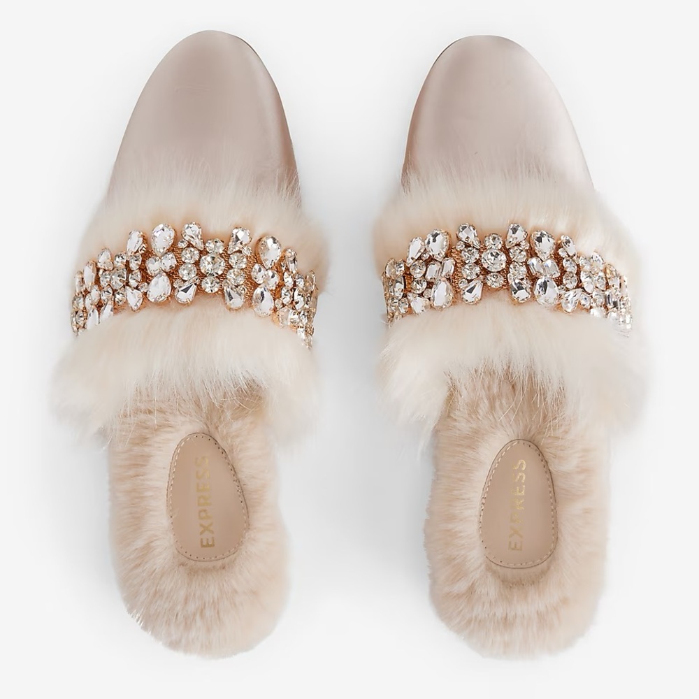 EXPRESS SATIN EMBELLISHED FAUX FUR SLIPPERS CHAMPAGNE SZ LG 9/10 NWT - Picture 4 of 4